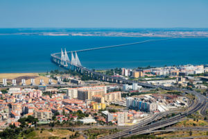 Aerial view of Vasco Da Gama bridge in Lisbon, Portugal. Taken from an airplane Aerial view of Vasco Da Gama bridge in Lisbon, Portugal. Taken from an airplane